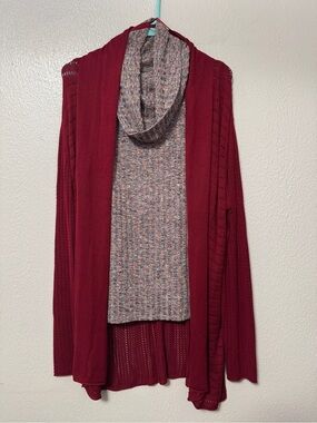Cato Burgundy Open-Front Cardigan with Multicolor Cowl Tank Sweater